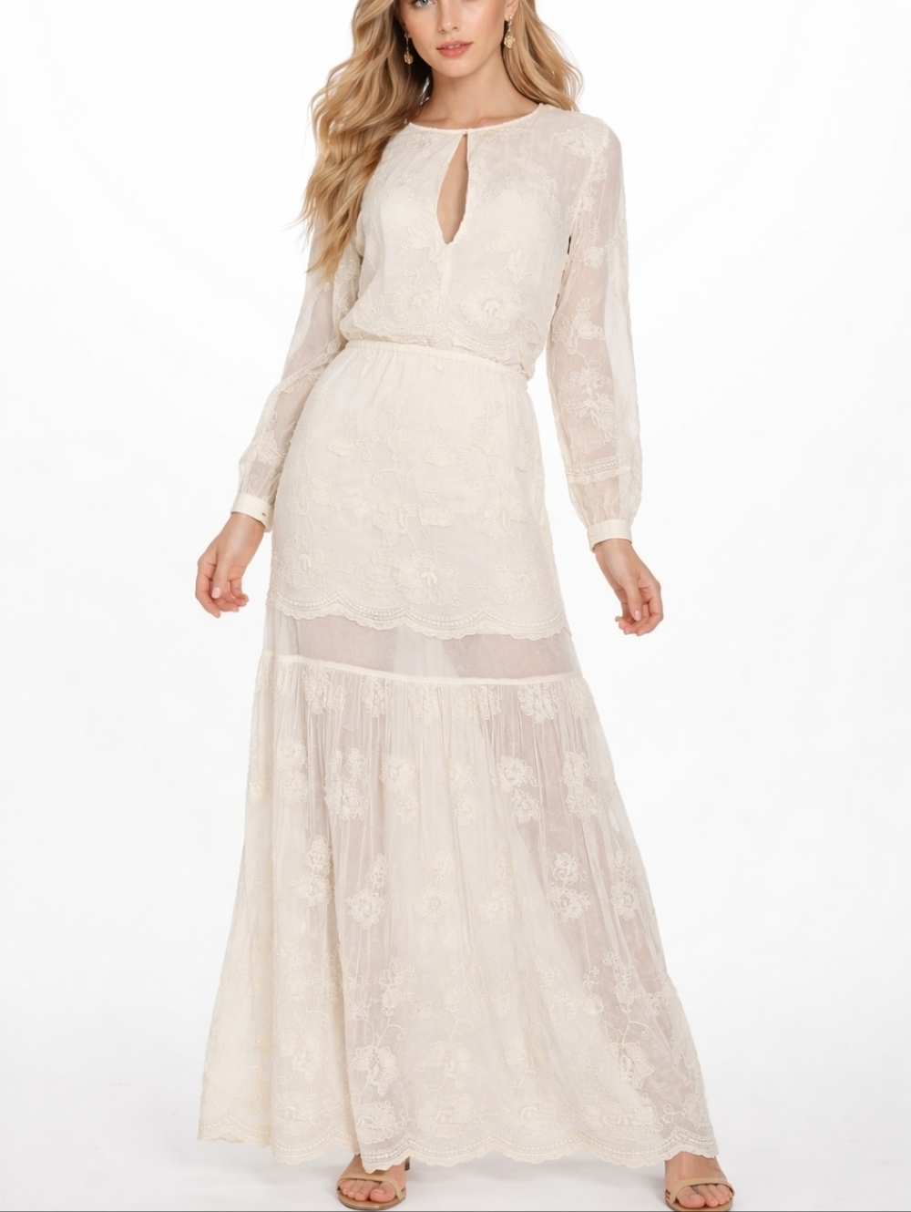 NWT Chelsea & Violet Ivory Embroidered Mesh Semi-Sheer Long Sleeve Maxi Dress